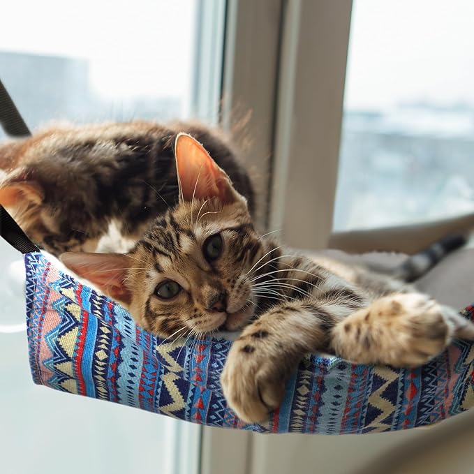 Jetec 2 Pack Cat Hammock for Cage, Catio Accessories Reversible Soft Cats Bed with Adjustable Straps and Hooks Double-Sided Linen and Fleece Hanging Hammock for Cats, Kitten(Ethnic Pattern,M)