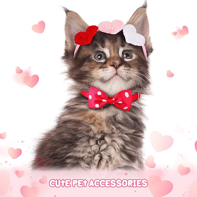 MTLEE 4 Pcs Valentines Day Heart Headband Neck Bow for Cat 2 Pet Neck Bow Cat 2 Headbands Valentines Day Headband with Ear Holes and Chin Straps Adjustable Dog Bows Tie Pink Red Heart Decor for Pets