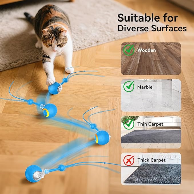 Interactive Cat Toys Ball for Indoor Cats Fast Rolling on Carpet, Chirping & Motion Activate Cat Toys, Slow/Nromal/Fast Mode, ON/Off Sound