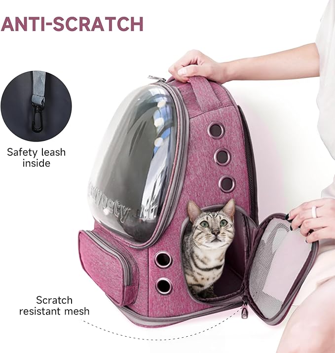 Cat Backpack Carrier, Breathable Cat Carrier Large Space Bubble Pet Backpack for Kitty Small Dog up to 12lbs, Transparent & Foldable Pet Carrier for Travel Hiking（Pink）