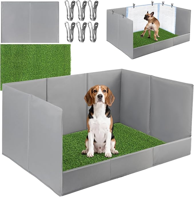 High Walls Dog Pee Pad Holder with Artificial Grass, 32.3"x22"x15.7" Foldable No-Splash No Assembly Indoor Dog Litter Box for Small/Medium Dogs Puppy Potty Training (Gray1)