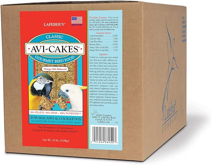 LAFEBER'S Classic Avi-Cakes Pet Bird Food, Made with Non-GMO and Human-Grade Ingredients, for Macaws & Cockatoos, 20 lb