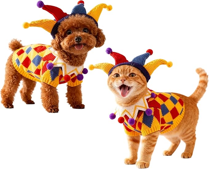 Cat Christmas Sweater Dog Circus Clown Jester Costume with Joker Hat for Small Dogs Cats Cosplay Apparel Kitten Clothes