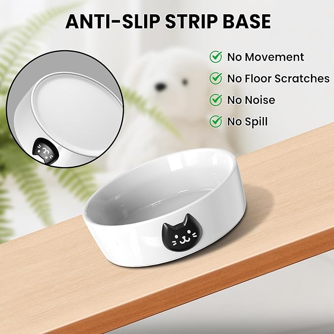 Ceramic Cat Bowls for Indoor Cats - Cat Food Bowl & Water Bowl Set of 2 with Anti-Slip Rings - Whisker Friendly Kitten Supplies Feeding & Watering - Pet Bowls for Kitten and Small Size Dog