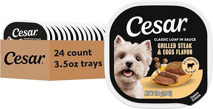 Cesar Classic Loaf in Sauce Adult Wet Dog Food Grilled Steak & Eggs Flavor, 3.5 oz. Easy Peel Trays, 24 Count (Pack of 1)