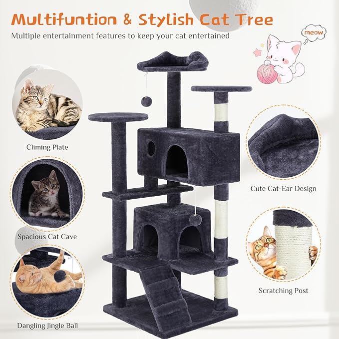Sweetcrispy 54 Inch Cat Tree Tower, Multi-Level with Cat Scratching Post, Indoor Cat Condo with Climbing Ladder, Plush Toy, Play House for Cat, Dark Grey