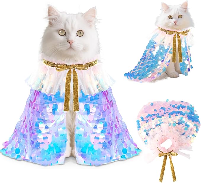2 Packs Halloween Cat Costumes, Small Funny Sequins Halloween Cat Wizard Cape Adjustable Pet Wizard Cloak for Little Dogs Cats Puppy Halloween Cosplay Party
