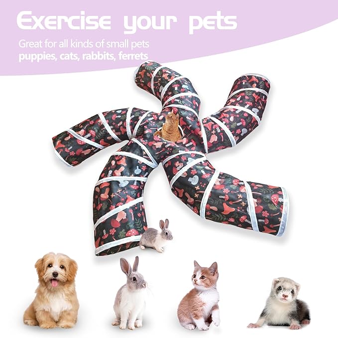 EGETOTA Cat Tunnel for Indoor Cats Large, with Play Ball S-Shape 5 Way Collapsible Interactive Peek Hole Pet Tube Toys, Puppy, Kitty, Kitten, Rabbit (S5 - Mushroom)