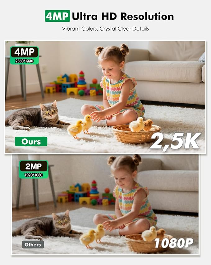 Battery Powered Indoor Camera Wireless, PTZ Pet Camera with 6000mAh Rechargeable, Dual-Band WiFi, 2.5K 4MP Color Night Vision, SD/Cloud Storage, 2-Way Audio, APP Remote, Cat/Dog/Kids/Home Monitoring