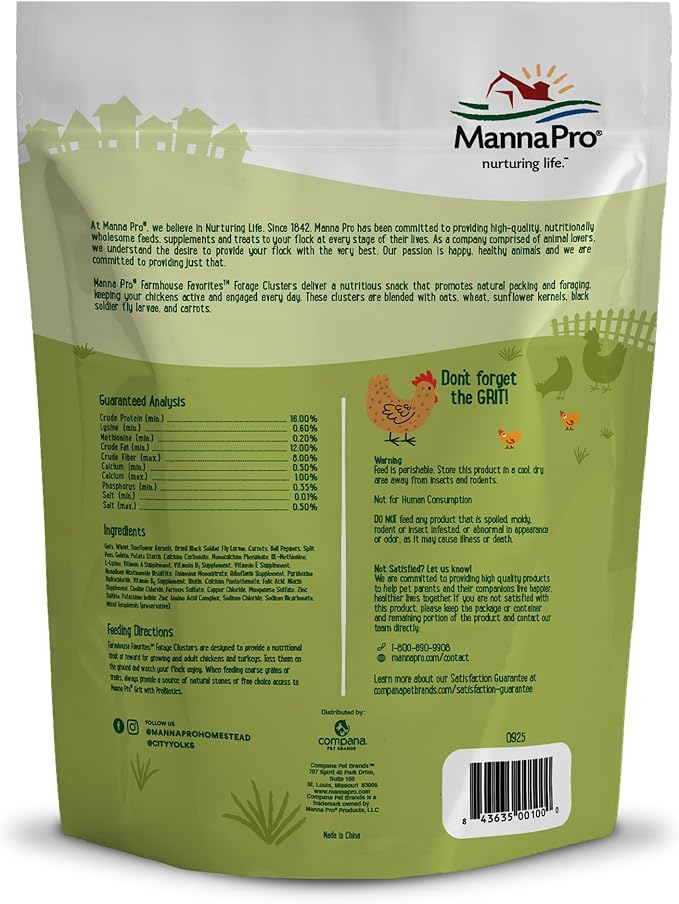 Manna Pro Farmhouse Favorites Forage Clusters for Chickens and Turkeys, Approx. 22 High-Protein Clusters with Black Soldier Fly Larvae, Carrots, Oats & Sunflower Kernels, Nutritious Poultry, 14oz