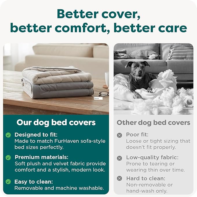 FurHaven Dog Bed Cover Replacement, Sofa-Style Design with Soft, Breathable Fabric for Cozy Comfort, Machine Washable, Large, Plush & Velvet, Granite Gray