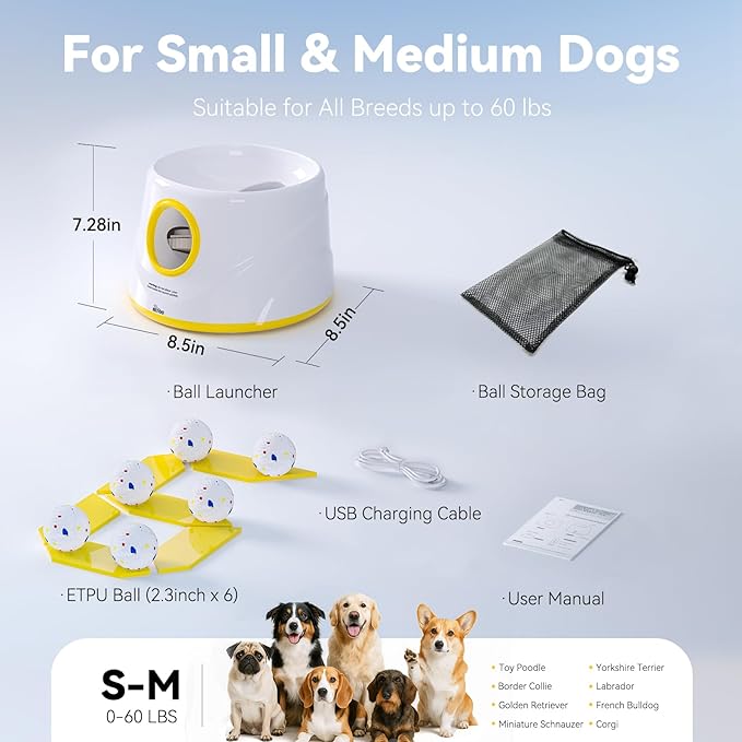 HETOO Automatic Ball Launcher for Dogs: Ball Launcher for Dogs - Automatic Tennis Ball Thrower for Dogs, with 6 Balls- Interactive Dog Toys - Small/Medium Sized Launcher- Yellow