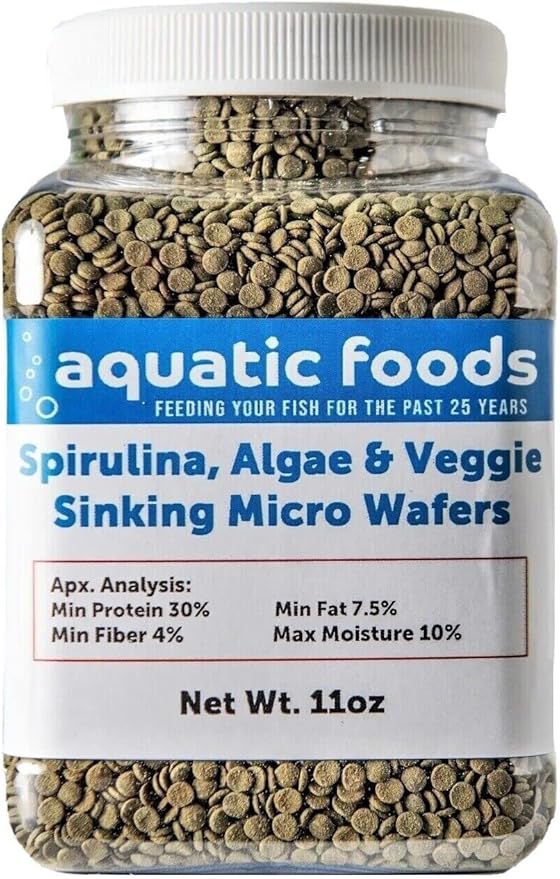 Aquatic Foods Inc. Wafers 3.5mm - 1/8" Spirulina, Algae & Veggies, Sinking Micro Wafers for All Tropical Fish, African Cichlids, Catfish, All Bottom Fish, Shrimp, Snails, Crabs…11oz Small Jar