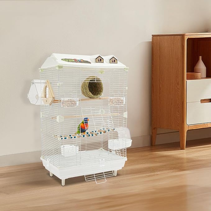 2 Tier Iron Bird Cage, Pigeons Parrot Birdcage, 30Inch Parakeet Cage with Water/Food Boxes, Freestanding Dual Door Birdcage for Various Bird Species