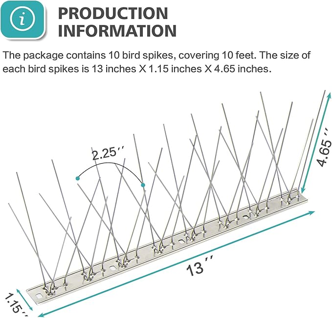 KKY Bird Spikes Stainless Steel Base, Metal Bird Repellent Nail Fence Kit, Can Be Used to Stop Pigeons and Other Small Birds, Covering 10.8 Feet 10 Packs.