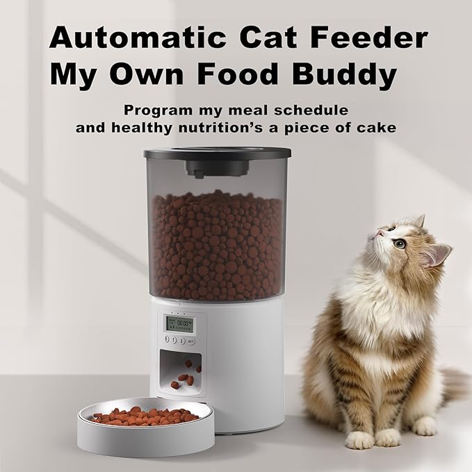 Automatic Cat Feeder for 2 Cats,6 Meals/Day,Dual Power,Dry Pet Food Autofeeder Portion Control,Timer Setting,10S Voice Record (Transparent White, 4.2L-Stainless Steel 2 Bowls)