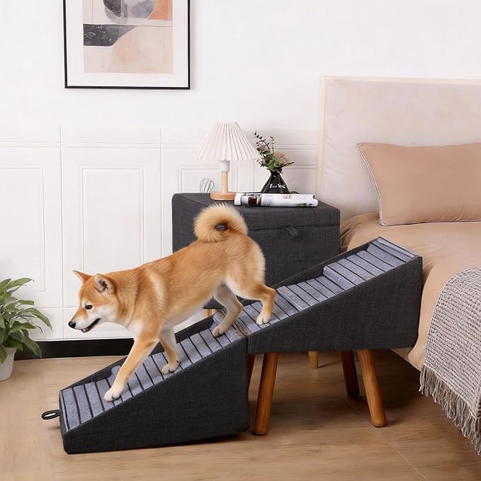 21.06” Dog Stairs for High Bed, 6-Step Pet Stairs with Split Ottoman Design - Tall Dog Steps Convertible to Bedside Table Nightstand, Large Non-Slip Stairs for Big Medium Dogs to Bed (Black)