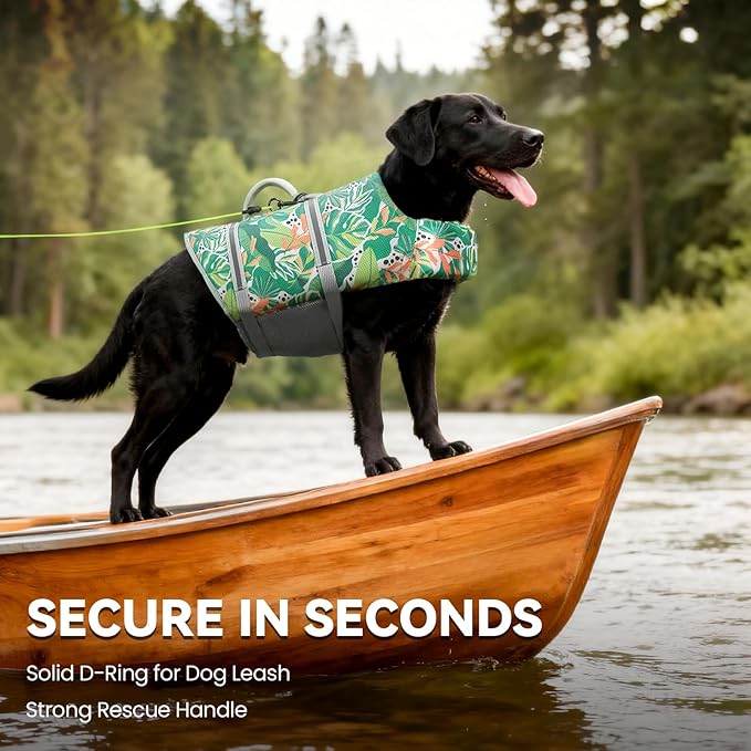 VIVAGLORY Rip Stop Dog Life Vest, Swimming Vest with Handle, Buoyancy for Doggy Puppy, Dog Life Jacket for Swimming & Boating, L, Floral