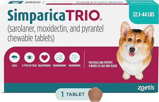 Simparica Trio (sarolaner, moxidectin, and pyrantel chewable Tablets) Chewables for Dogs, 24 mg/tab, 22.1-44 lbs, (Blue), 1 Tablet