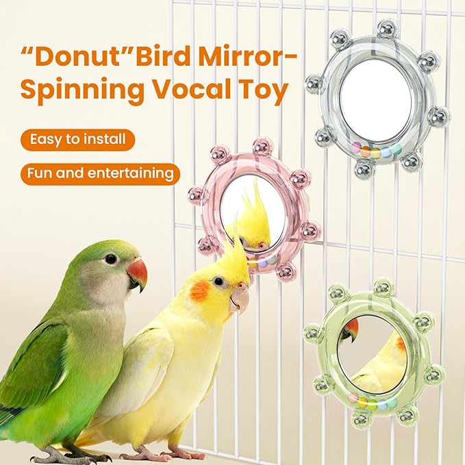 Bird Mirror Toys for Cage,Parakeet Rotating Sound Wheel Toy,Budgie Training Colorful Interactive Chew Toys for Canaries Lovebirds Conures Cockatiels cage Accessories (2, Pink)