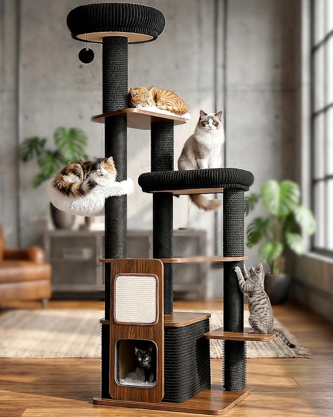 63" Modern Cat Tree Tower for Indoor Cats, Heavy Duty Cat Trees for Large Cat, Adult Maine Coon Cat Tree Tower with Scratching Post, Extra Large Top Perch, Cat Condos, Jet Black