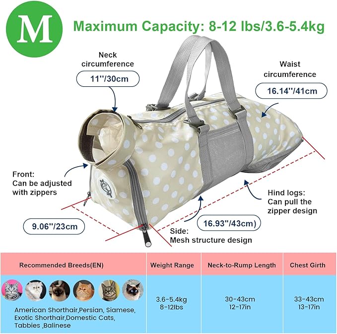 Cinf Cat Nail Clipping Cleaning Grooming Restraint Bag （Free Muzzle） No Scratching Biting for Bathing Nail Trimming Injecting Examining((Beige Gray&Dot,M)