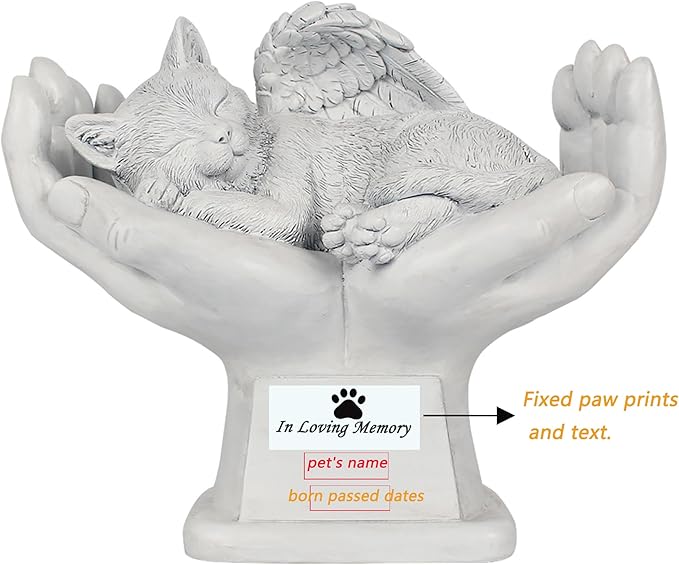 Personalized Memorial Cat Angel Tribute Statue Resting in Peace in God's Hands, Cat Passing Away Gifts, Pet Loss Gift for Cat Grave Marker Stone -Customizable Name and Date