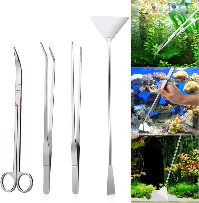 balacoo 4pcs Stainless Steel Aquatic Plant Tool Set Ergonomic Tweezers and Scissors for Aquarium Straight Curved Tweezers Curved Scissors Spatula for Planting and Caring for Water Plants