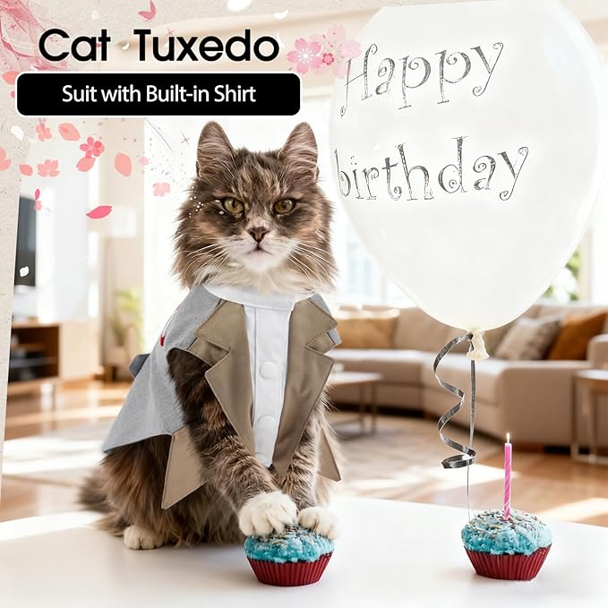 DENTRUN Cat Tuxedo Outfit Formal Suit with Shirt, Fancy Pet Tuxedo Vest for Hairless & Furry Cats, Kitten Wedding Attire Birthday Party Costume Clothes for Cats Only, XS-XXL
