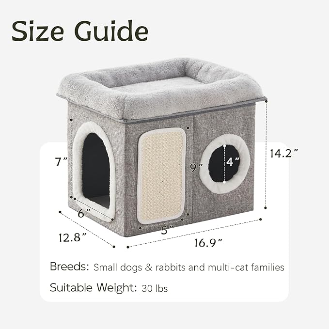 WINDRACING Cat Beds for Indoor Cats - Cat House for Pet and Foldable Cat Cave Bed with Scratch Pad, Cat Hideaway Condo for Kitten, 16.9x12.8x14.2 inches, Light Grey