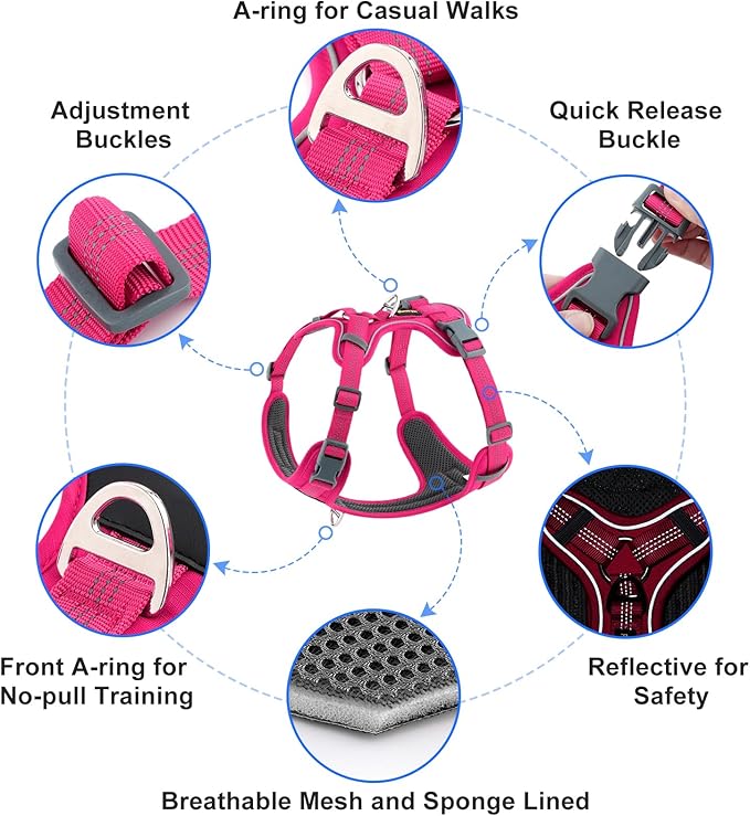 Plutus Pet No Pull Dog Harness, Release at Neck, Soft Padded, Reflective Adjustable Dog Vest Harness for Small, Medium, Large Dogs(Hot Pink, XL)