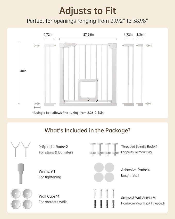 Baby Gate with Cat Door, 29.92-43.7 ” Wide Baby Gate for Stairs, Pressure Mounted Gate No Drill, Auto Close Dog Gate for Doorways, Easy Walk Through Safety Gates with Pet Door, Indoor, White