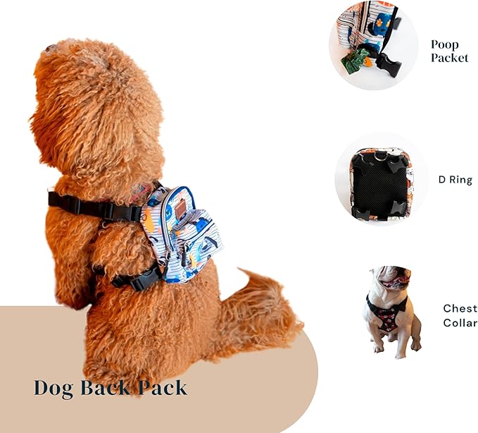Pawlook Dog Backpack Harness – Street Smart | Waterproof, Adjustable, Breathable – Leash Attachment D-Rings, Poop Bag Pocket – Small & Medium Dogs – 8 Styles Woof Medium