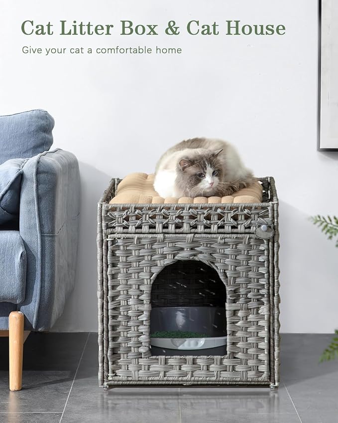 Cat Litter Enclosure with Hidden Litter Mat and Rattan Cat House, Supports Two Litter Boxes, Ideal for Living Room or Bedroom (Gray)
