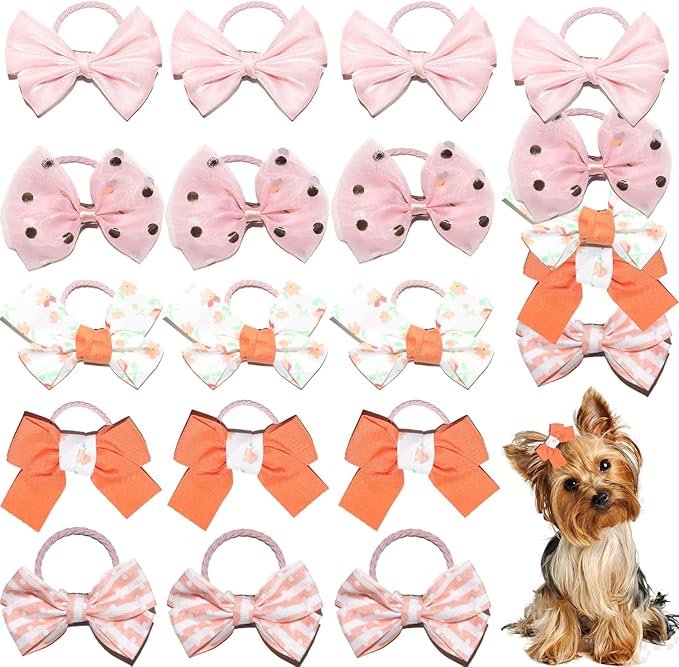 20pcs Orange Small Dog Hair Bows, Handmade Mix Style Bowknot Top Knot for Yorkie Holiday Daily Grooming