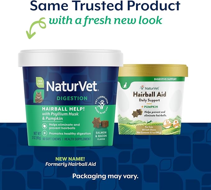 NaturVet – Hairball Aid Supplement for Cats - Plus Pumpkin – Helps Eliminate & Prevent Hairballs – 60 Soft Chews