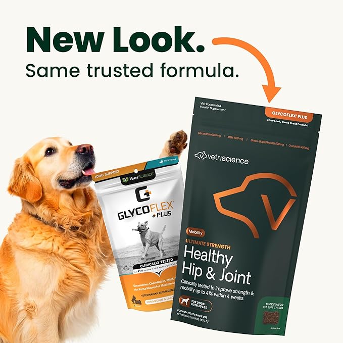 VetriScience Ultimate Strength Healthy Hip & Joint Chews, GlycoFlex Glucosamine, Chondroitin & GreenLipped Mussel Support Supplement for Dogs, Soothe Joint Discomfort, Duck,120 Ct (Pack of 2)