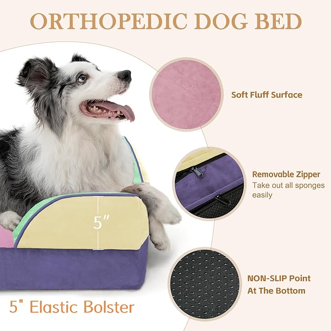 Comfort Expression Orthopedic Dog Bed for Extra Large Dogs 42x30 Inch, Waterproof Egg Crate Foam XL Pet Bed with Removable Bolsters, Dog Couch with Washable Cover & Non-Slip Bottom, Frosted Grape