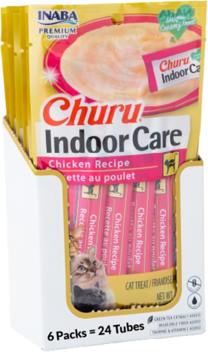 INABA Churu Hairball Control, Functional, Creamy Lickable Purée Cat Treat with Taurine & Vitamin E, 0.5 Ounces Each, 24 Tubes (4 per Pack), Chicken Recipe - Packaging May Vary*