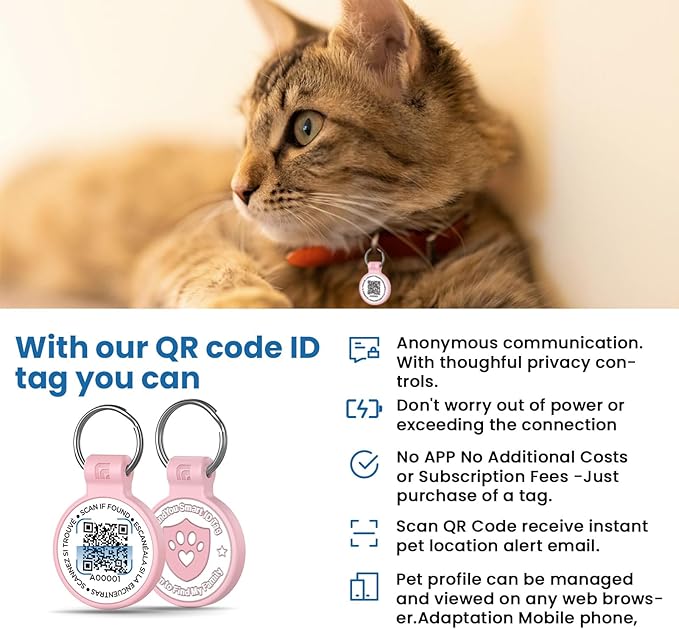 Silicone Cat Tags Personalized Small for Pet Collars, QR Code Cat Name Tags, Scan Location Alerts, Pink S
