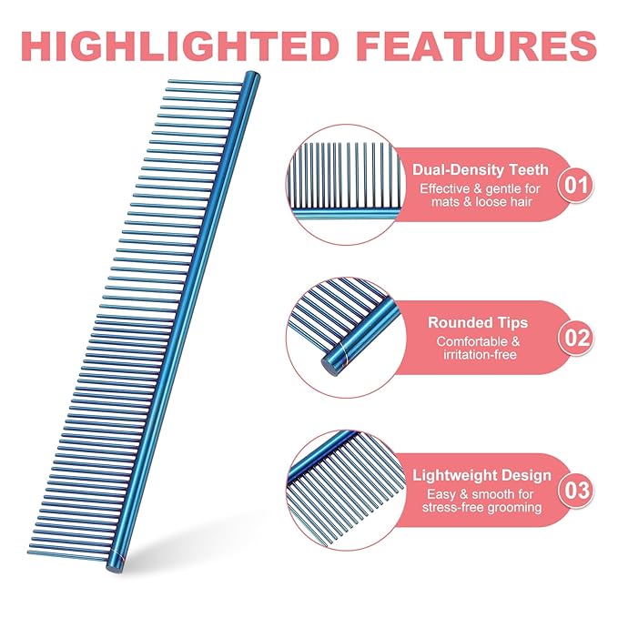 Dog Cat Comb, Pet Combs Stainless Steel Teeth with Rounded Ends for Knots Mats Loose Hair Removal, 6.5/7.5IN (Blue Plated, 2 Pack), Grooming Tool Intended for Long Curly Hair Pet