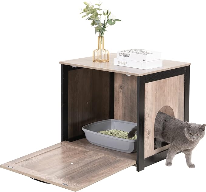 Dwanton Cat Litter Box Furniture Hidden, Cat Litter Box Enclosure, Reversible Entrance Can Be on Left or Right Side, Indoor Cabinet, Wooden Washroom, End Table, Nightstand, Greige, 23.6" L