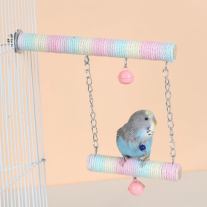 Parrot Swing A Standing Pole, Colorful Cotton Rope Wooden Swing with Metal Chain and Clasp（1Pcs）