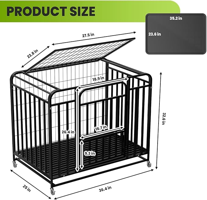36.4×25×32.6 in Heavy Duty Dog Crate, Alloy Steel Material Dog Kennel, with 3 Doors 4 Lockable Wheels 1 Removable Trays, Dog Cage Kennel for Small to Medium Dogs (36 in)