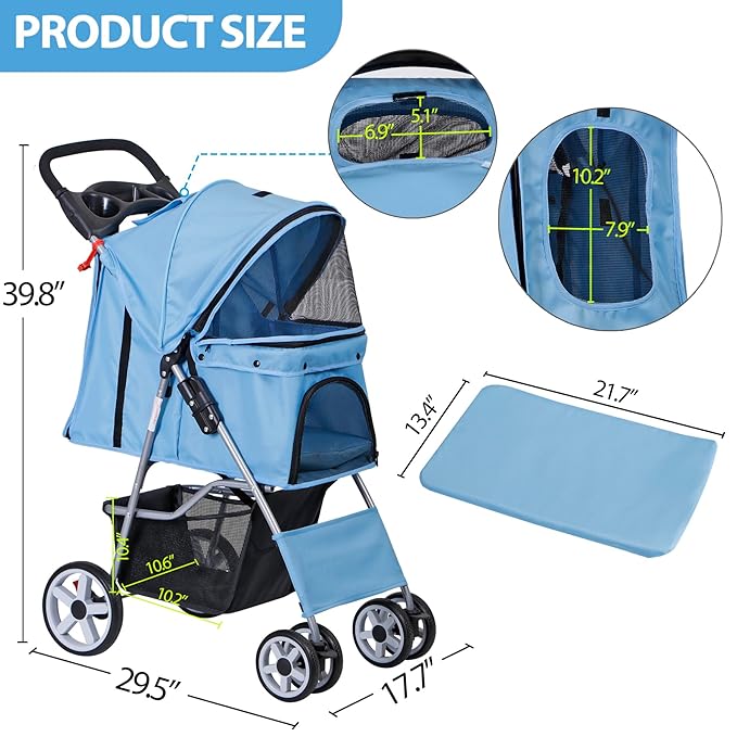 4 Wheels Pet Stroller, Foldable Dog Cat Stroller for Small Medium Dogs Cats, Travel Carrier with Storage Basket and Cup Holder, Waterproof and Lightweight (Blue)