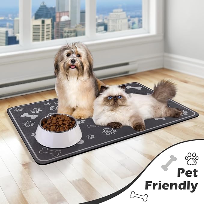 Pet Feeding Mat,Rapid Absorbent Mats for Dog Cat Food, Dog Placemat Water Bowl Mat with Rubber Backing,Messy Drinkers to Protect Floors, Pet Accessories 16"×24" Dark Grey