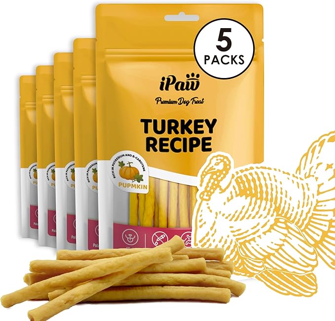 iPaw 5 Stock-Up Combo Turkey Dog Treats, All Natural Human Grade Dog Treat, Suitable for Training chew, US Sourced Raw Material, Hypoallergenic, Rawhide Alternative, Thin Stick (Pumpkin)