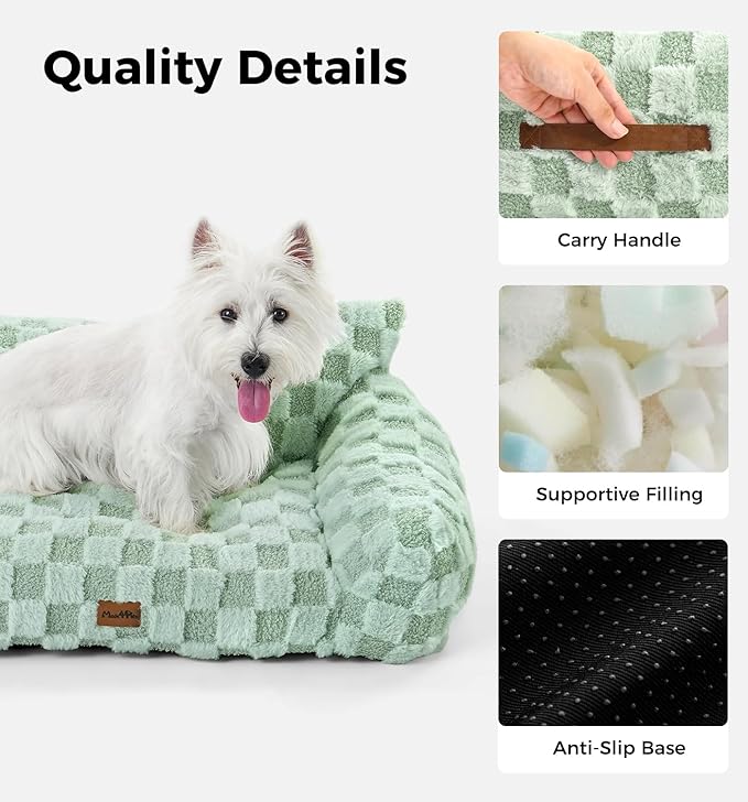 Made4Pets Cat Beds for Indoor Cats, Cat Couch Bed, Soft Faux Fur Checkered Pet Sofa, Calming Fluffy Kitten Sofa with Supportive Foam, Removable Washable Cover with Non-Slip Base, Sage Green, Small