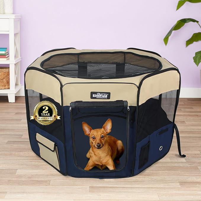 EliteField 2-Door Soft Pet Playpen (2 Year Warranty), Exercise Pen, Multiple Sizes and Colors Available for Dogs, Cats and Other Pets (42" x 42" x 24"H, Beige+Navy Blue)