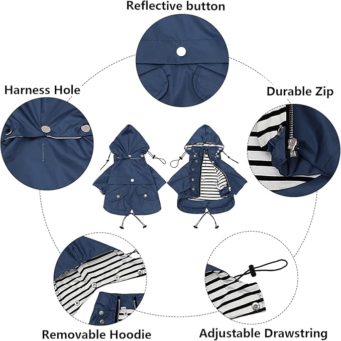 Morezi Dog Zip Up Raincoat with Reflective Buttons, Rain/Water Resistant, Adjustable Drawstring, Removable Hood, Raincoats with Legs 8lbs to 80lbs Available - Dark Blue - XXL